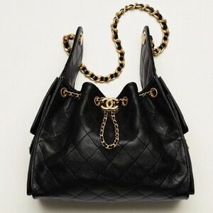 Black Quilted Drawstring Shoulder Bag with Gold Hardware